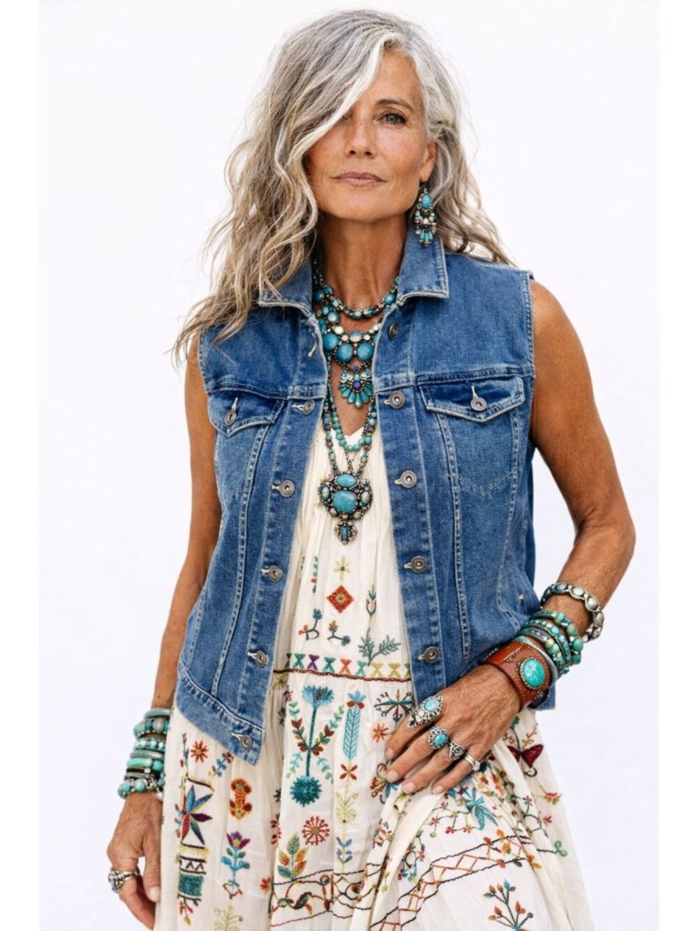 Vince Camuto Women Sleeveless Denim Jeans Vest L Boho Western Cowgirl Chic